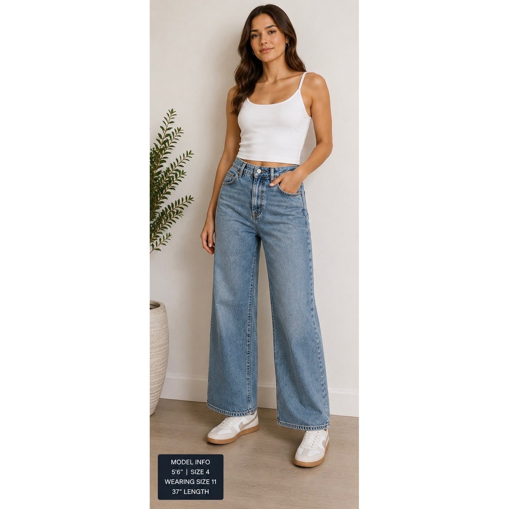 HM Divided Womens High Waisted Wide Leg Acid Wash Blue Cotton Jeans Size 4